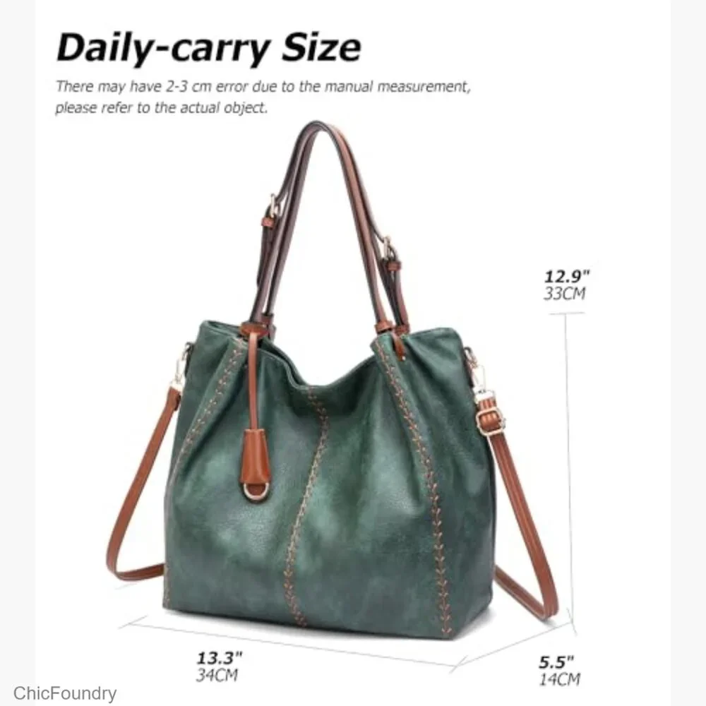 Vintage Hobo Shoulder Bag Soft Leather Bucket Tote Structured Purse Rivet Detail